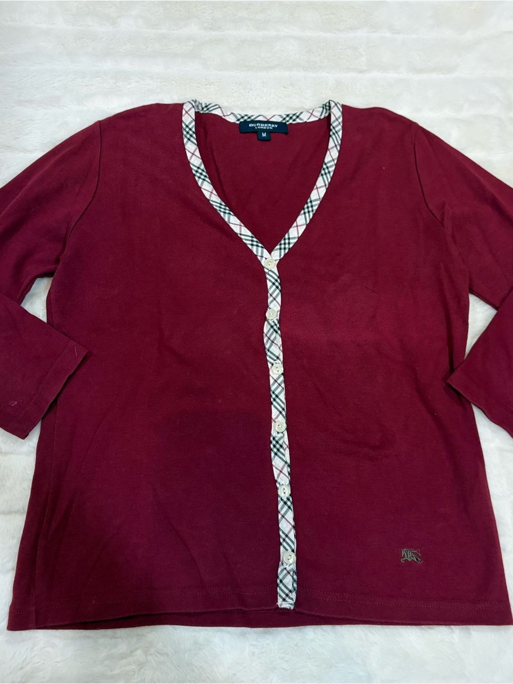Burberry Burgundy Button-Front V-Neck Top with Check Trim